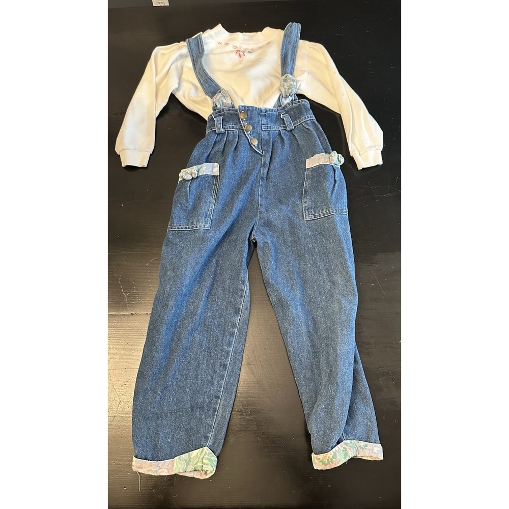 Vtg Popsicle Girls Denim Overall Suspenders W/ Blouse‎ *Size 6